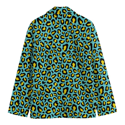 Teal And Yellow Leopard Pattern Print Men's Blazer