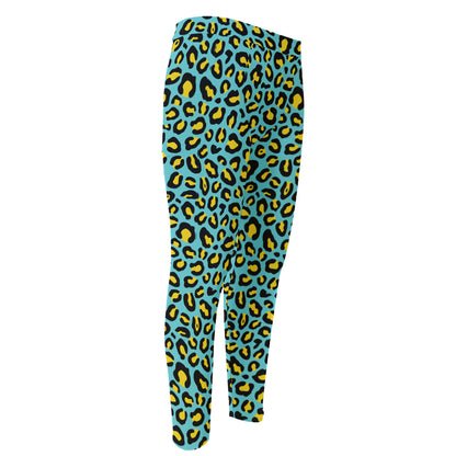 Teal And Yellow Leopard Pattern Print Men's Compression Pants