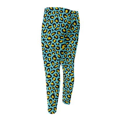 Teal And Yellow Leopard Pattern Print Men's Compression Pants