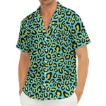 Teal And Yellow Leopard Pattern Print Men's Deep V-Neck Shirt