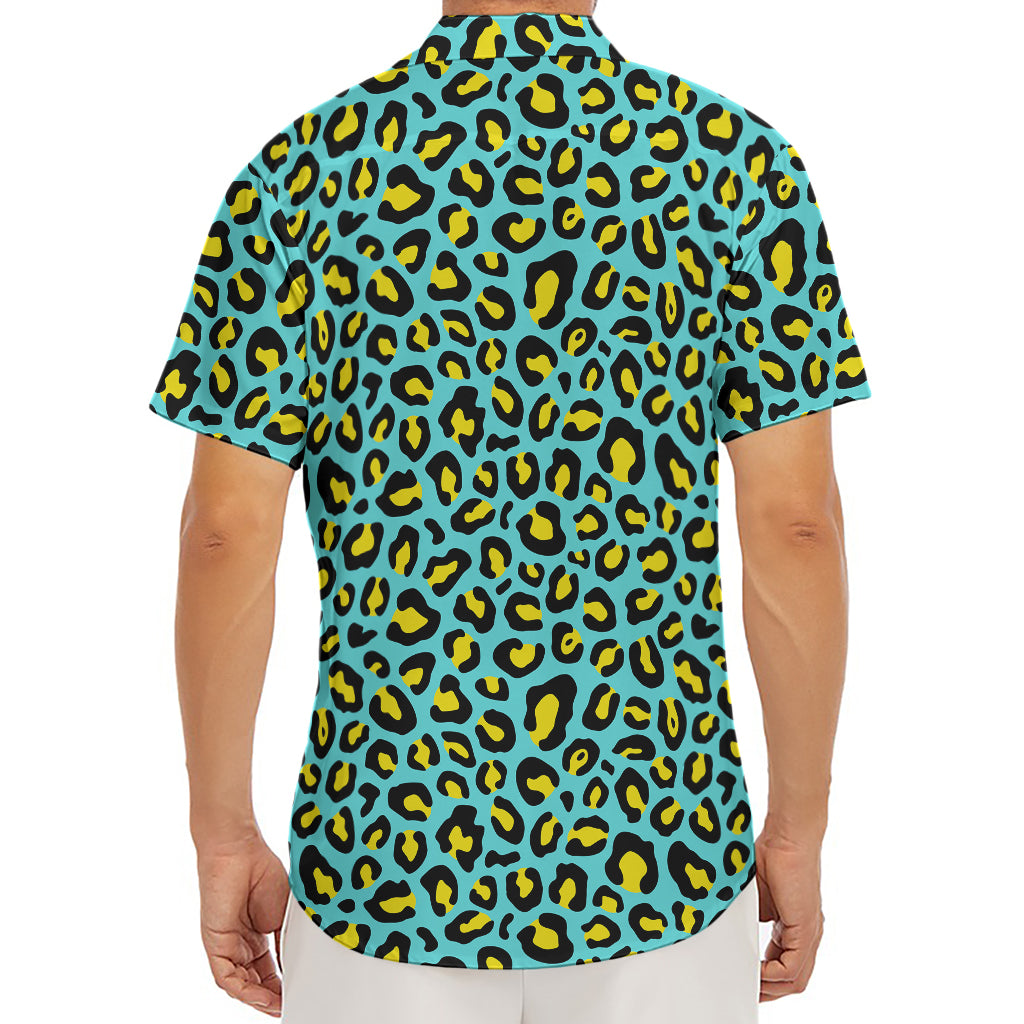 Teal And Yellow Leopard Pattern Print Men's Deep V-Neck Shirt