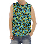 Teal And Yellow Leopard Pattern Print Men's Fitness Tank Top