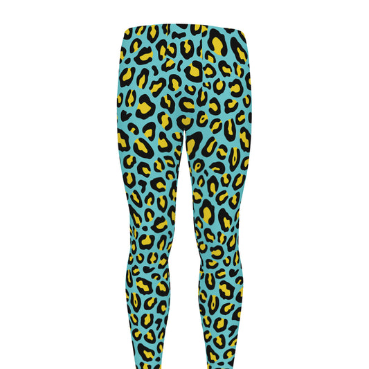 Teal And Yellow Leopard Pattern Print Men's leggings