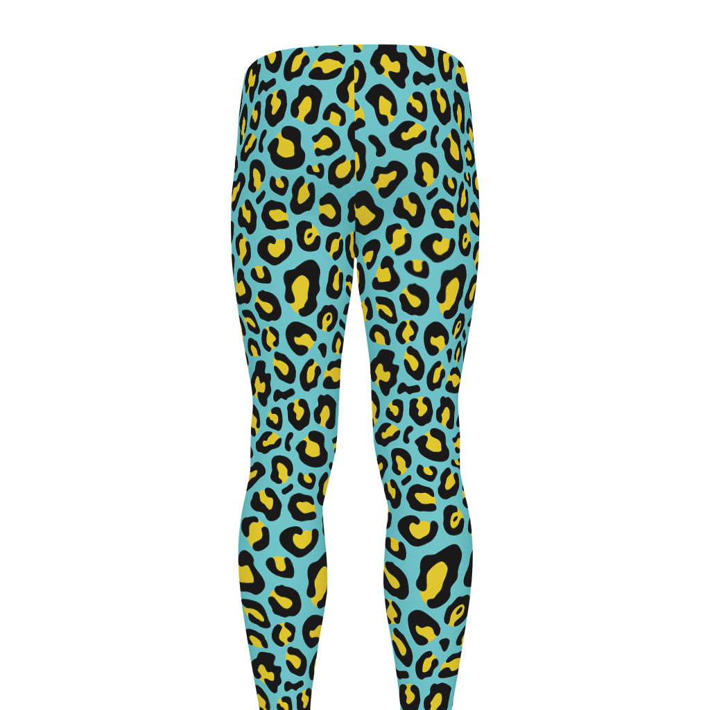 Teal And Yellow Leopard Pattern Print Men's leggings