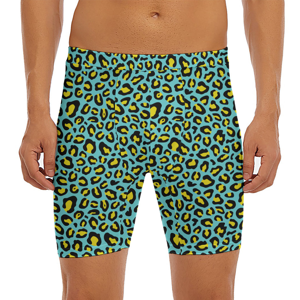Teal And Yellow Leopard Pattern Print Men's Long Boxer Briefs