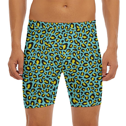 Teal And Yellow Leopard Pattern Print Men's Long Boxer Briefs