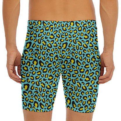 Teal And Yellow Leopard Pattern Print Men's Long Boxer Briefs