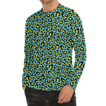Teal And Yellow Leopard Pattern Print Men's Long Sleeve Rash Guard