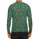 Teal And Yellow Leopard Pattern Print Men's Long Sleeve Rash Guard