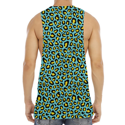 Teal And Yellow Leopard Pattern Print Men's Muscle Tank Top