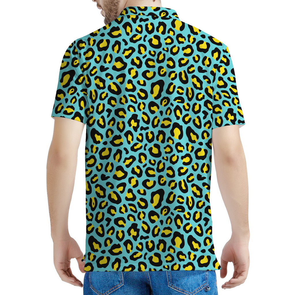 Teal And Yellow Leopard Pattern Print Men's Polo Shirt