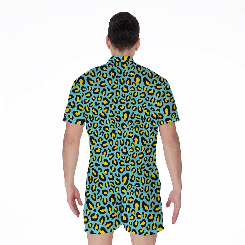 Teal And Yellow Leopard Pattern Print Men's Rompers