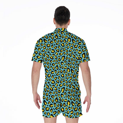 Teal And Yellow Leopard Pattern Print Men's Rompers