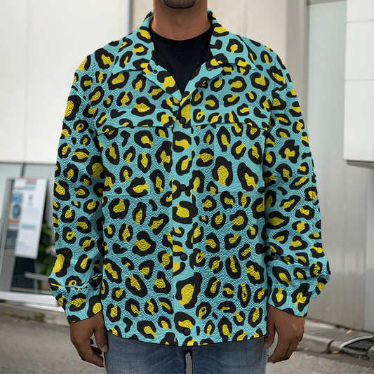 Teal And Yellow Leopard Pattern Print Men's Shirt Jacket