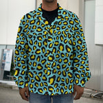 Teal And Yellow Leopard Pattern Print Men's Shirt Jacket