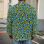 Teal And Yellow Leopard Pattern Print Men's Shirt Jacket