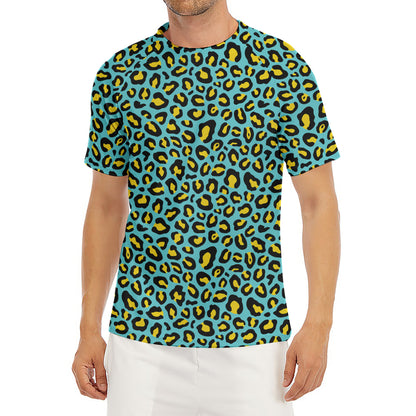 Teal And Yellow Leopard Pattern Print Men's Short Sleeve Rash Guard