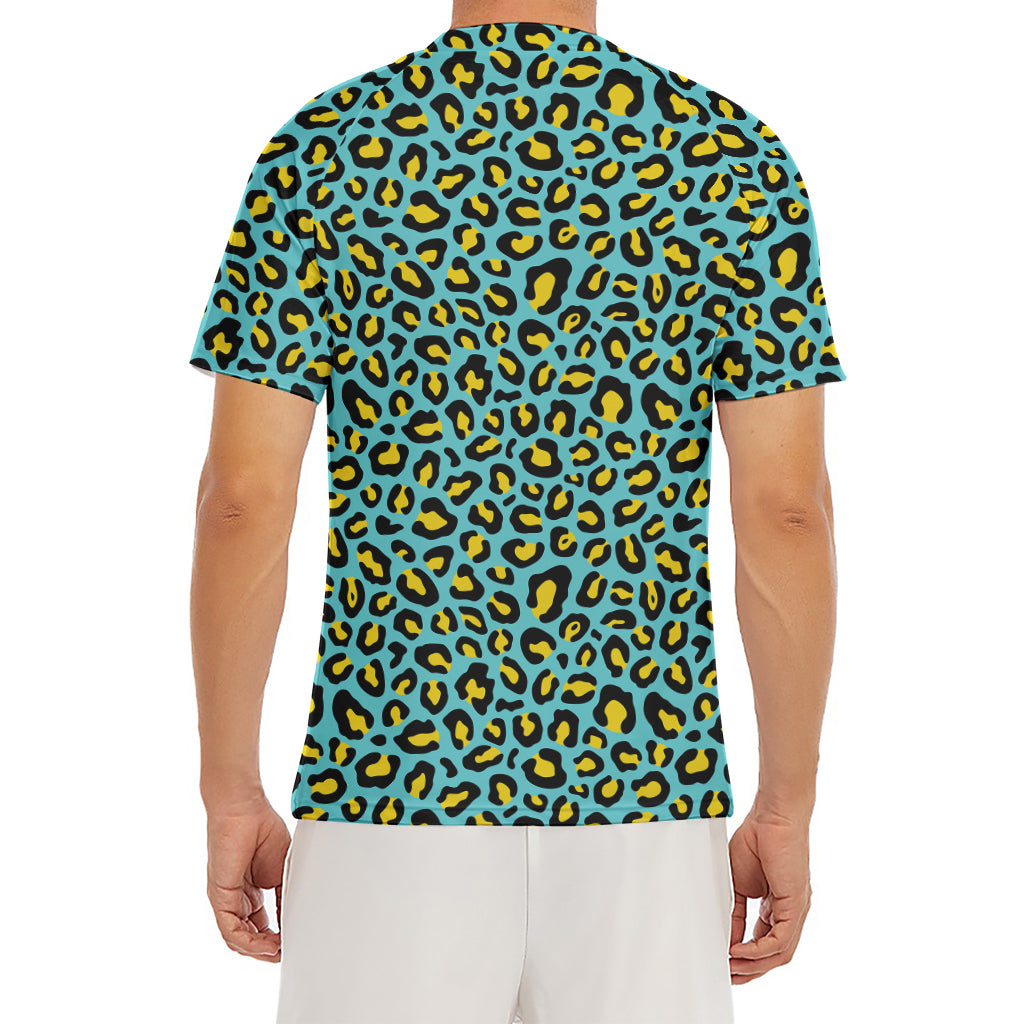 Teal And Yellow Leopard Pattern Print Men's Short Sleeve Rash Guard
