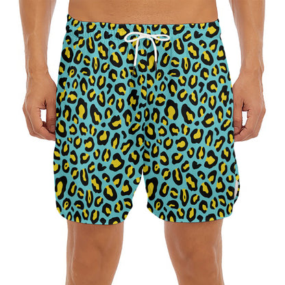 Teal And Yellow Leopard Pattern Print Men's Split Running Shorts