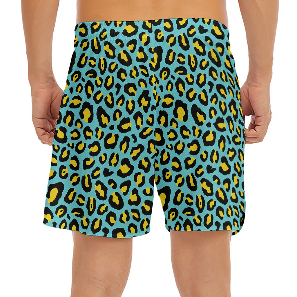 Teal And Yellow Leopard Pattern Print Men's Split Running Shorts