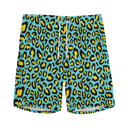Teal And Yellow Leopard Pattern Print Men's Sports Shorts