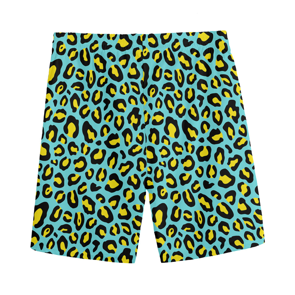 Teal And Yellow Leopard Pattern Print Men's Sports Shorts