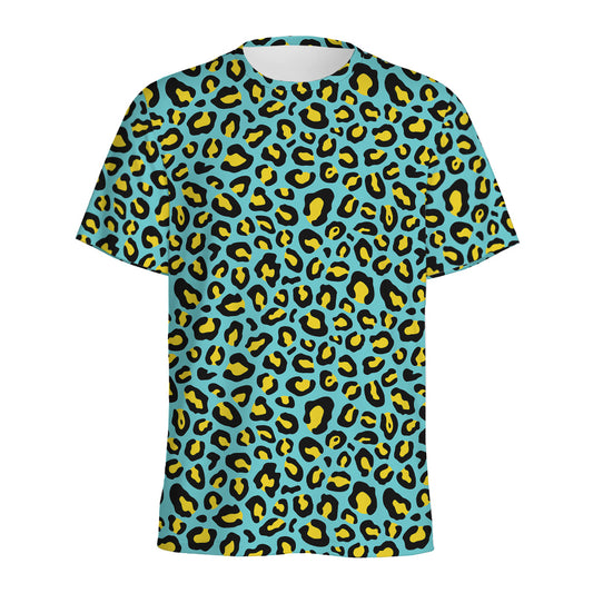 Teal And Yellow Leopard Pattern Print Men's Sports T-Shirt