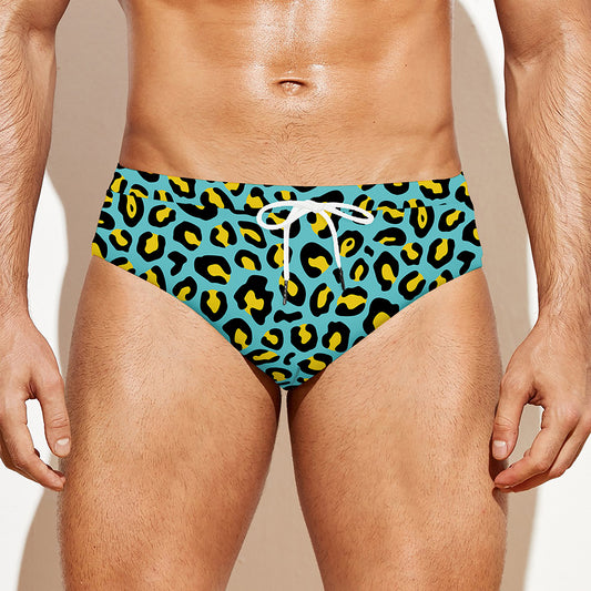 Teal And Yellow Leopard Pattern Print Men's Swim Briefs