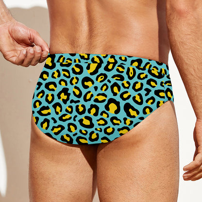 Teal And Yellow Leopard Pattern Print Men's Swim Briefs