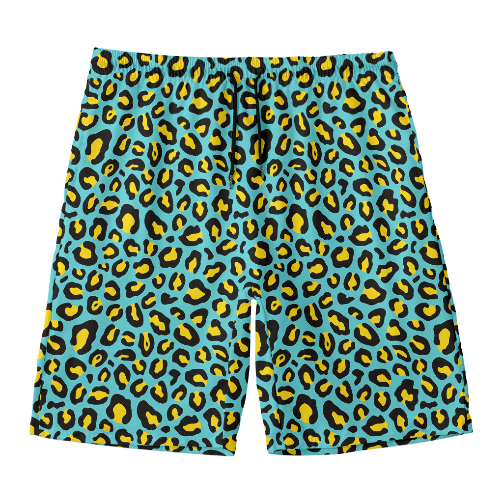 Teal And Yellow Leopard Pattern Print Men's Swim Trunks