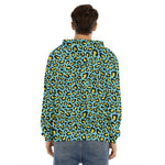Teal And Yellow Leopard Pattern Print Men's Velvet Pullover Hoodie