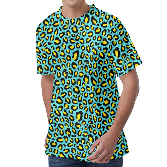 Teal And Yellow Leopard Pattern Print Men's Velvet T-Shirt
