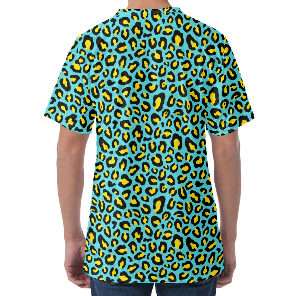 Teal And Yellow Leopard Pattern Print Men's Velvet T-Shirt