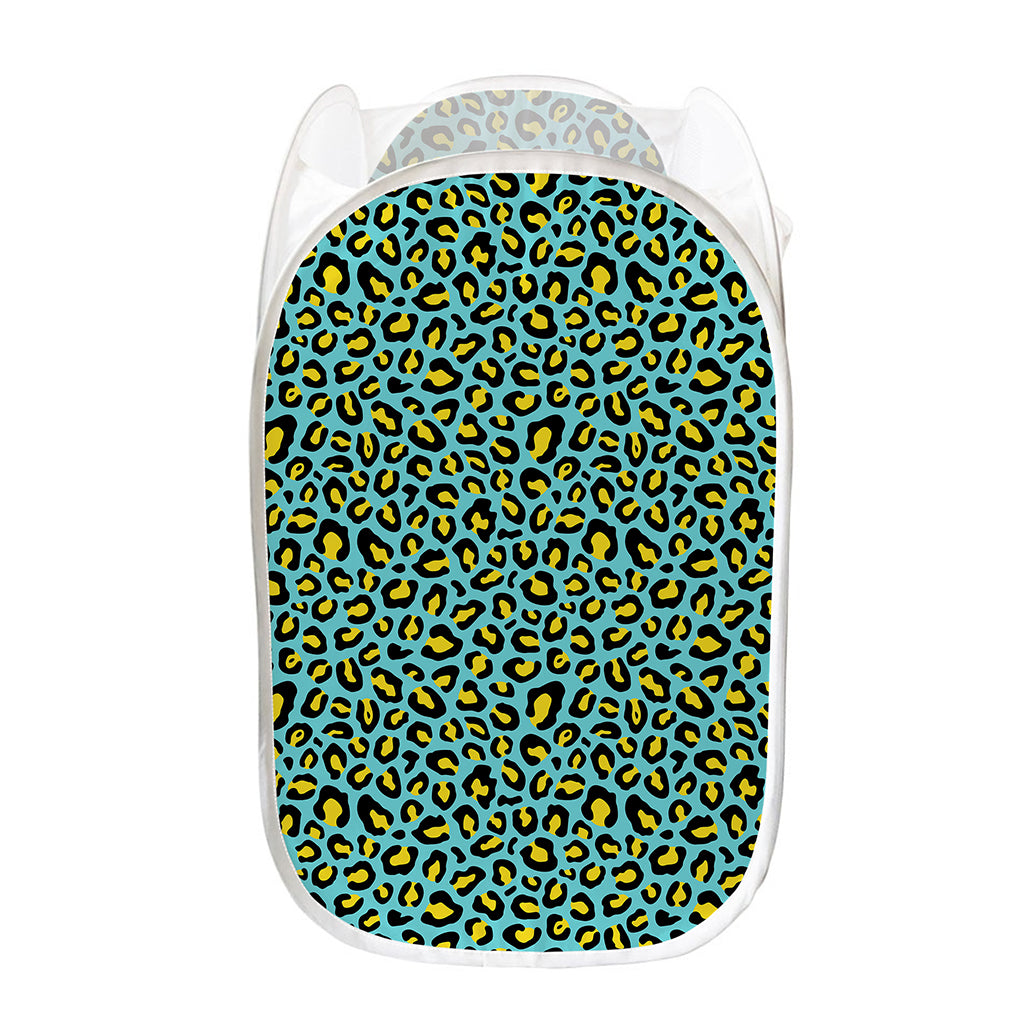 Teal And Yellow Leopard Pattern Print Mesh Laundry Hamper