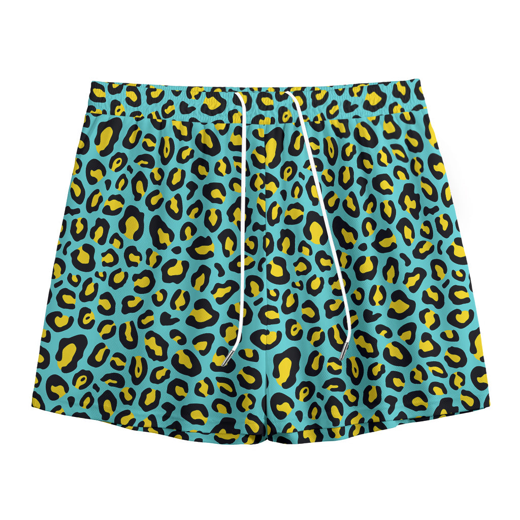 Teal And Yellow Leopard Pattern Print Mesh Shorts