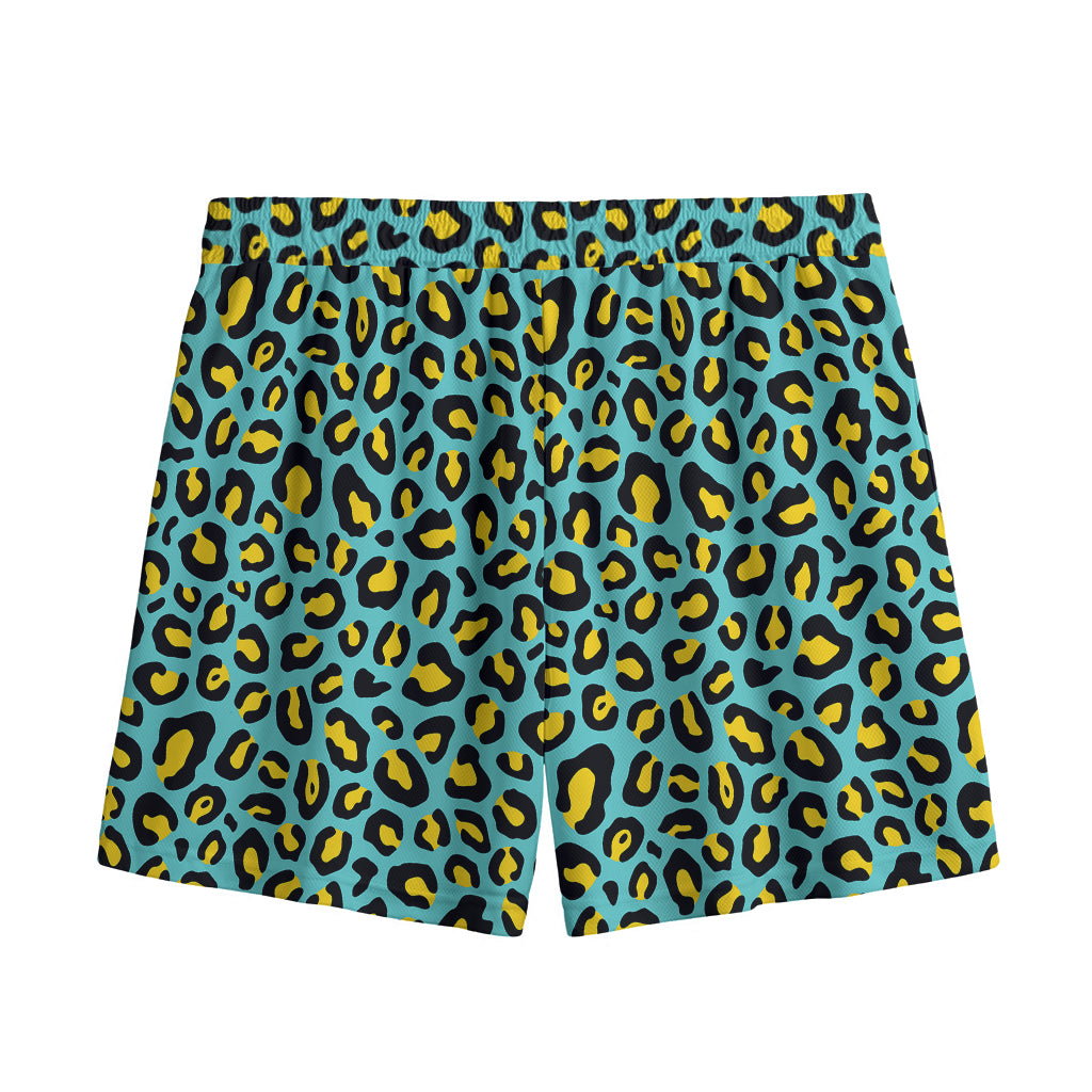 Teal And Yellow Leopard Pattern Print Mesh Shorts