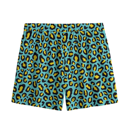 Teal And Yellow Leopard Pattern Print Mesh Shorts