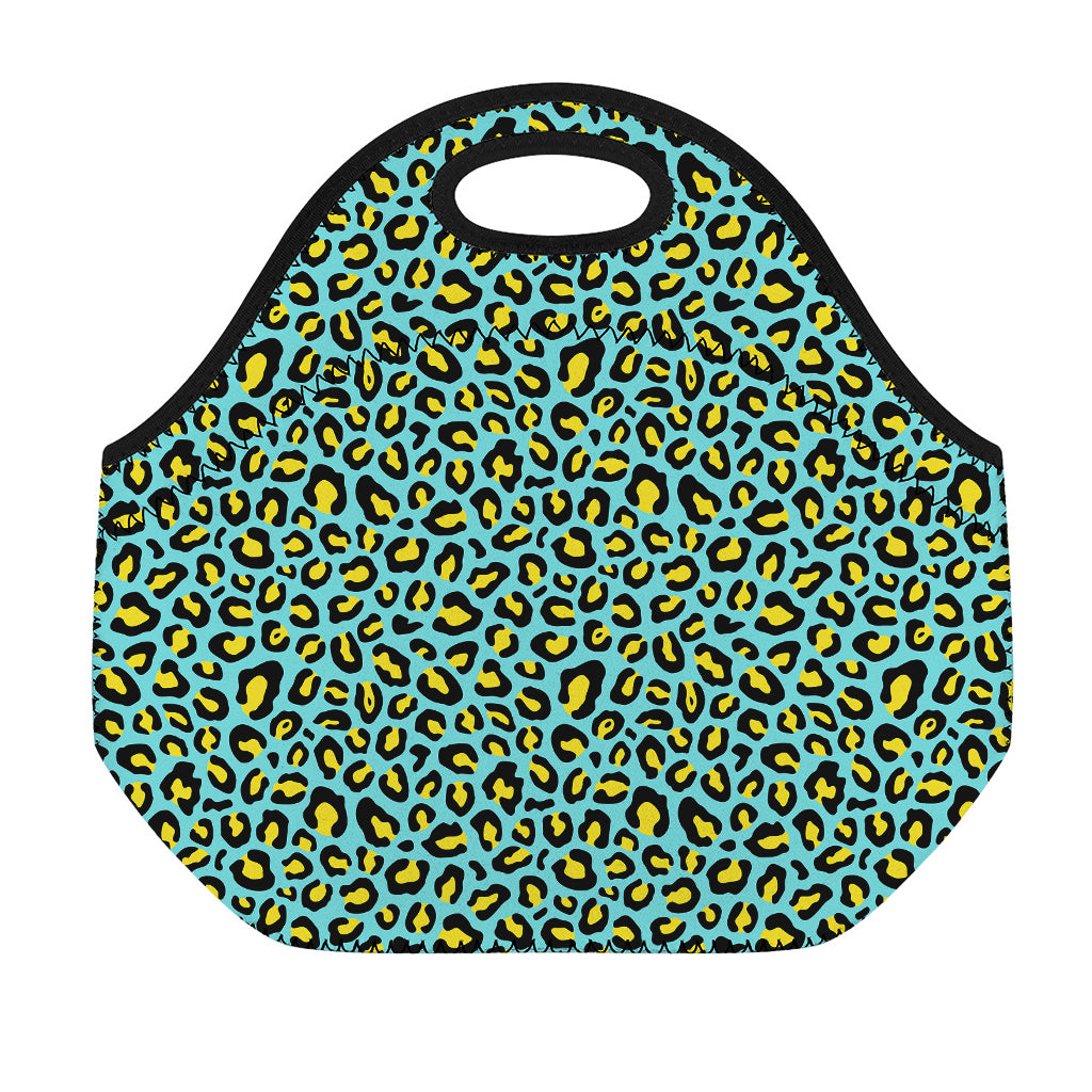 Teal And Yellow Leopard Pattern Print Neoprene Lunch Bag
