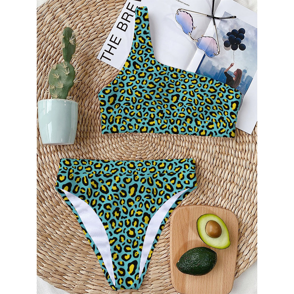 Teal And Yellow Leopard Pattern Print One Shoulder Bikini Top