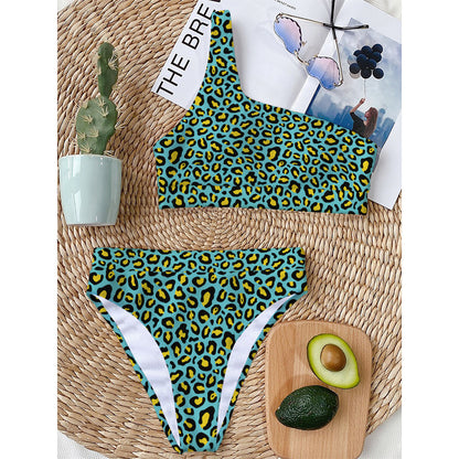 Teal And Yellow Leopard Pattern Print One Shoulder Bikini Top