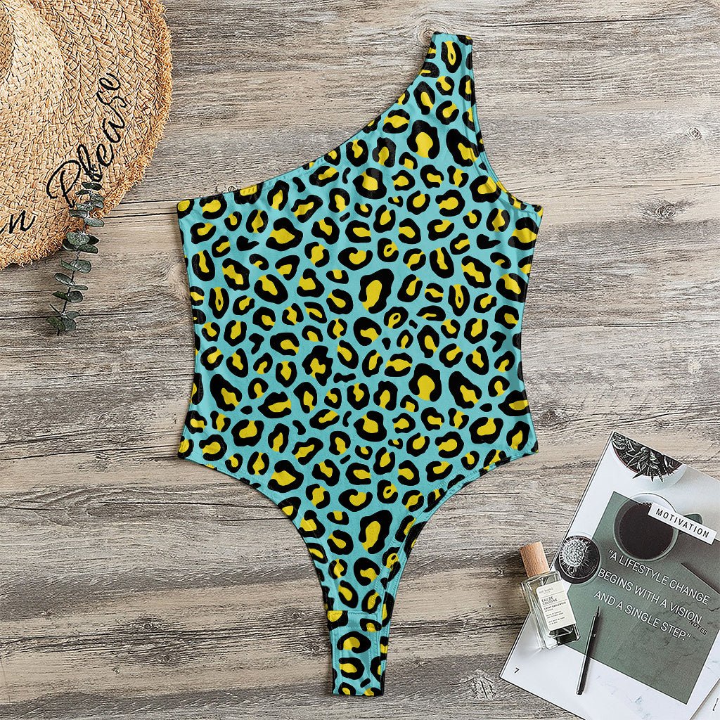 Teal And Yellow Leopard Pattern Print One Shoulder Bodysuit