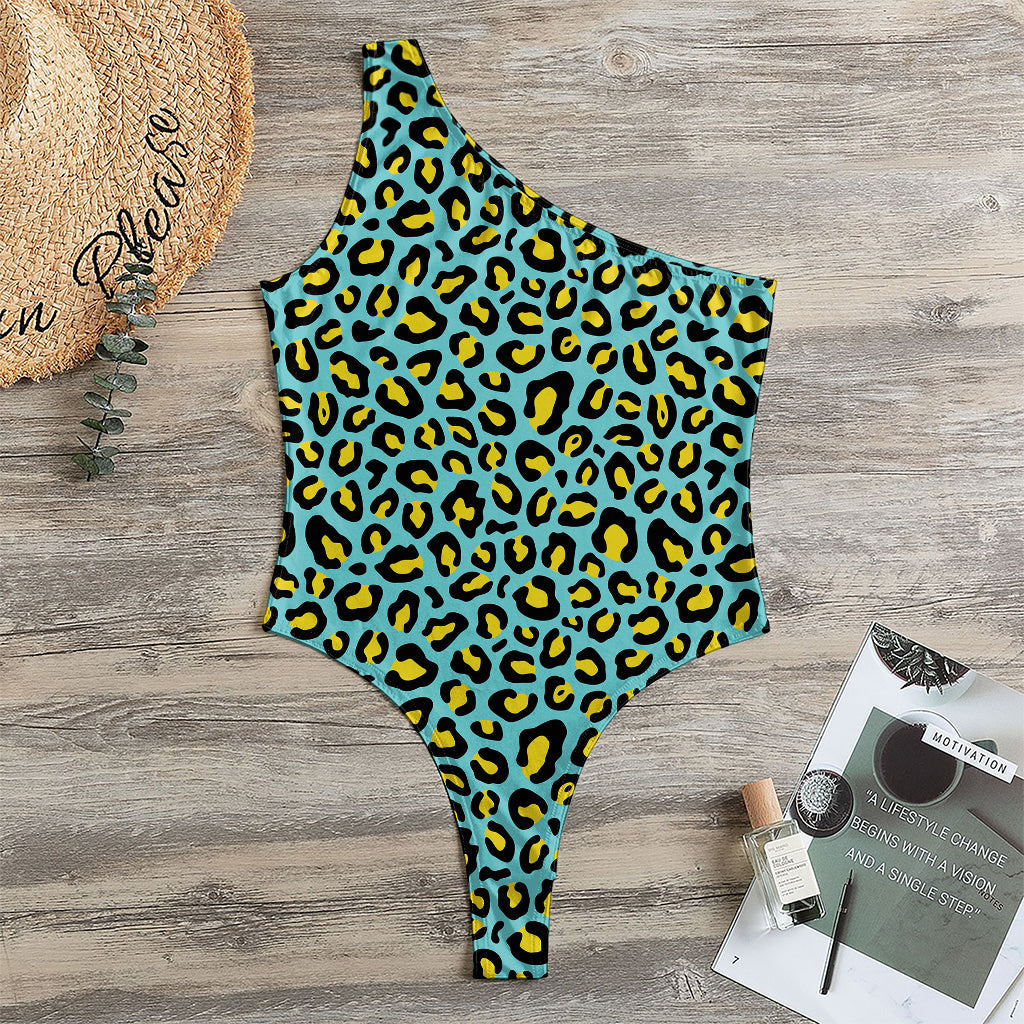 Teal And Yellow Leopard Pattern Print One Shoulder Bodysuit