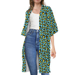 Teal And Yellow Leopard Pattern Print Open Front Beach Cover Up