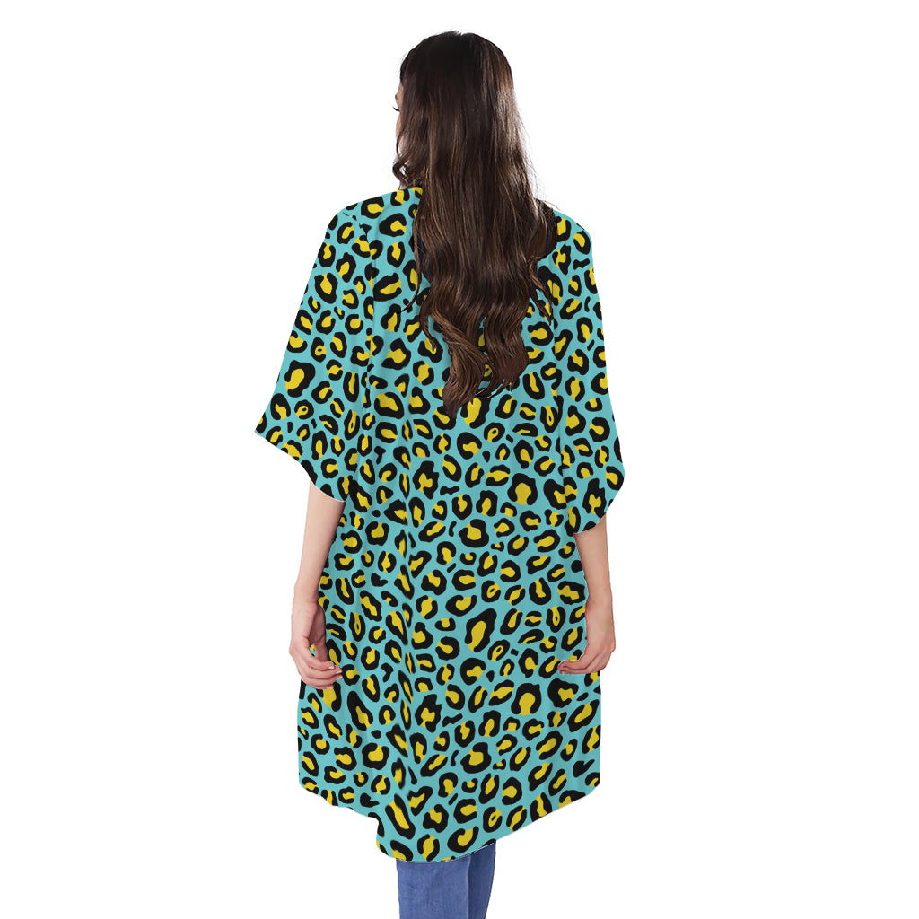 Teal And Yellow Leopard Pattern Print Open Front Beach Cover Up