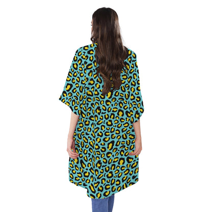 Teal And Yellow Leopard Pattern Print Open Front Beach Cover Up