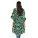 Teal And Yellow Leopard Pattern Print Open Front Beach Cover Up