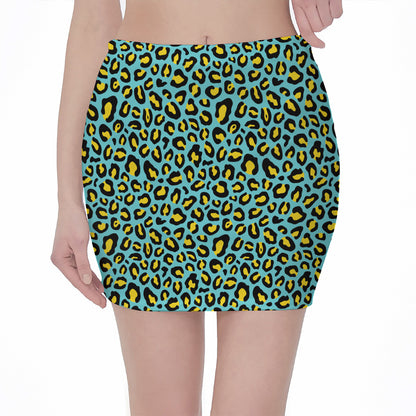 Teal And Yellow Leopard Pattern Print Pencil Mini Skirt