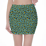 Teal And Yellow Leopard Pattern Print Pencil Mini Skirt