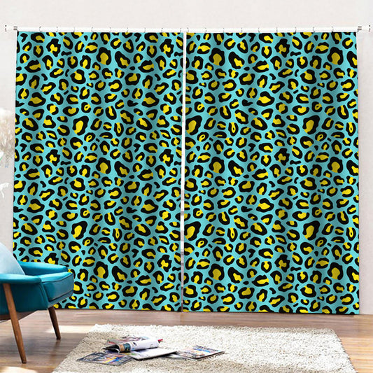 Teal And Yellow Leopard Pattern Print Pencil Pleat Curtains