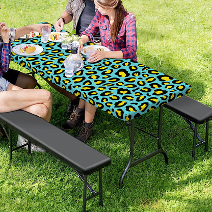 Teal And Yellow Leopard Pattern Print Picnic Table Cover